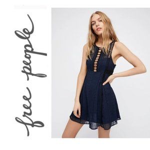 FREE PEOPLE Lace Embroidered "Where Ever You Go" Dress ~ Navy Blue ~ SO CUTE!